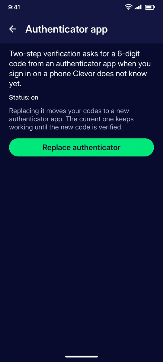 Clevor app screenshot: settings two step verification
