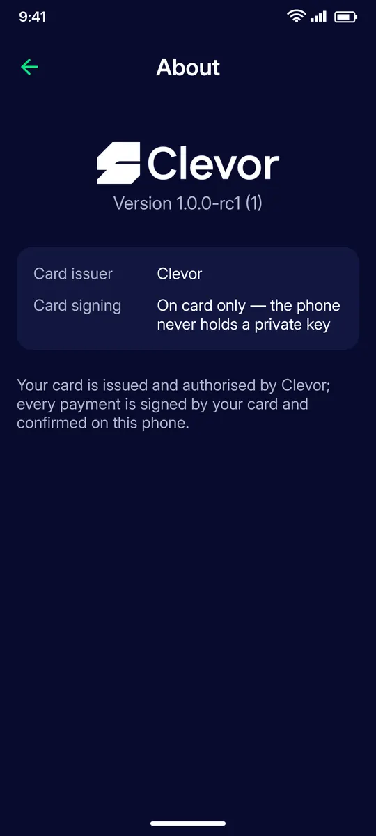 Clevor app screenshot: settings about
