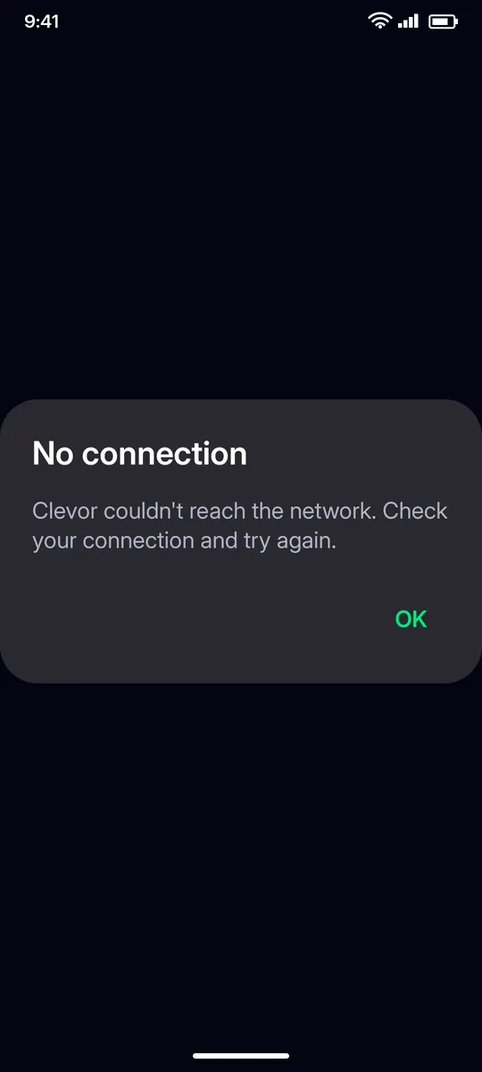 Clevor app screenshot: dialog error no connection