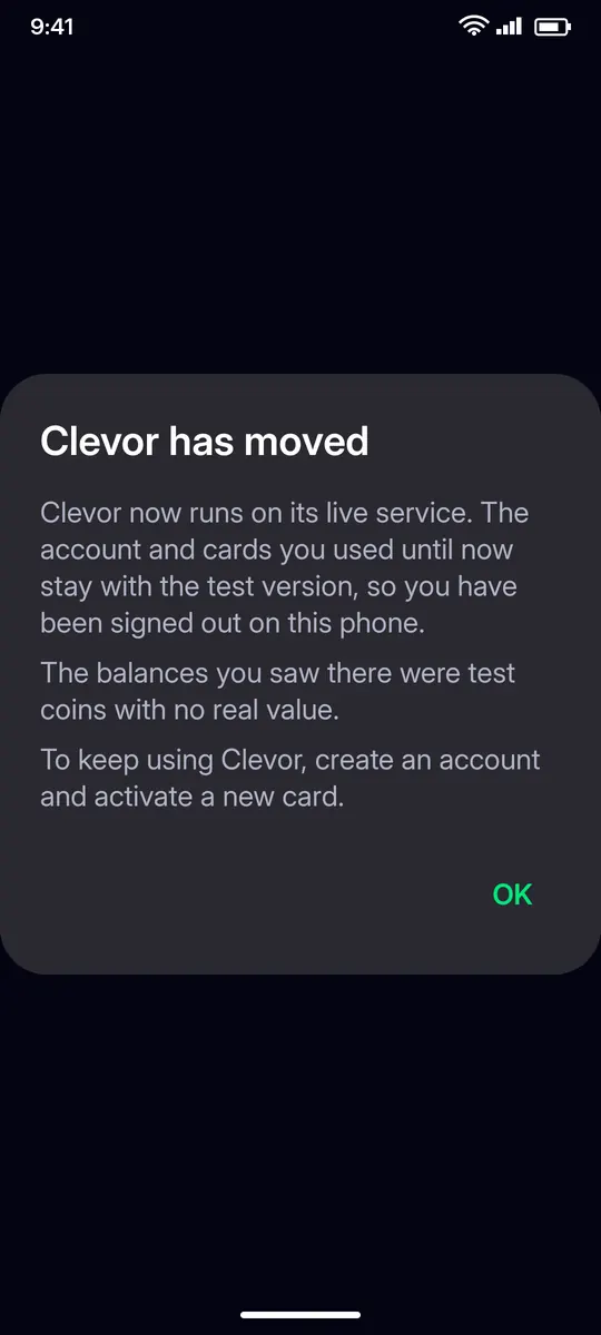 Clevor app screenshot: dialog clevor has moved