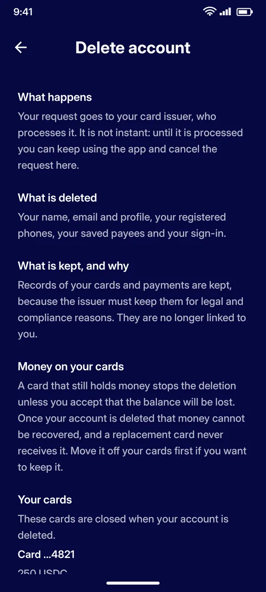 Clevor app screenshot: delete account